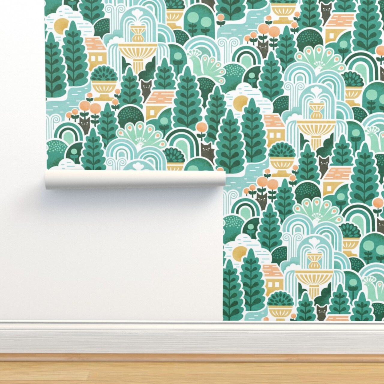 Green Landscape Nature Cats Animals Woods Tree Forest Large Scale Italian Fountain Botanical Custom Removable Wallpaper by Spoonflower Peel & Stick Wallpaper 2FT Wide